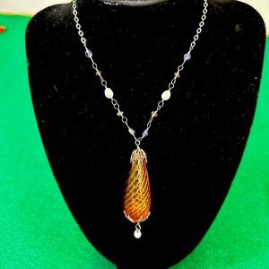 Vintage Art Deco Glass Pendant 36 inch long chain​​